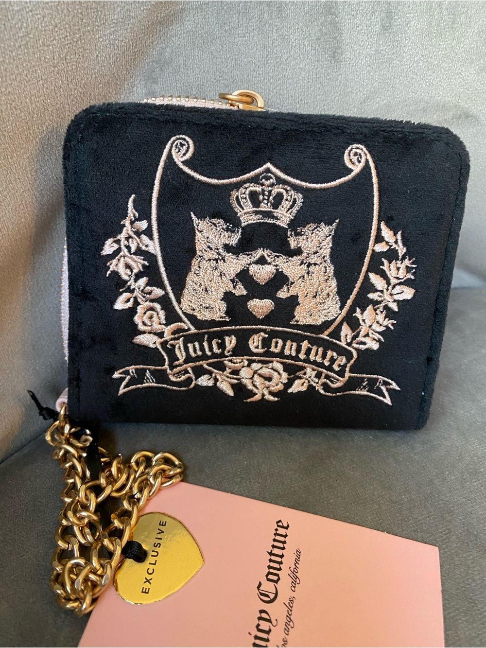 Juicy Couture Black Plush Wallet with Gold Chain and Embroidered Crest